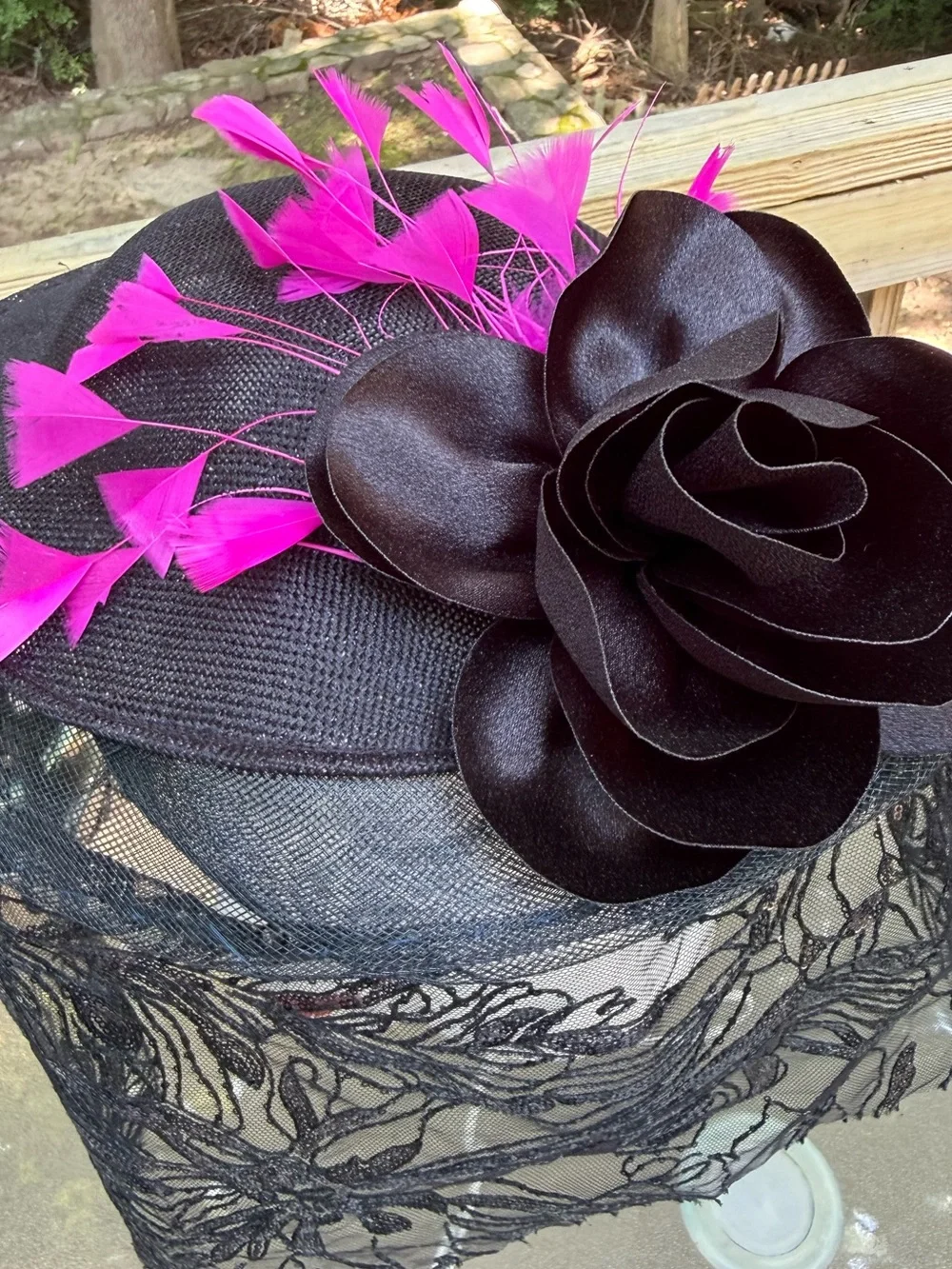 Black Veiled Fascinator Hat with Pink Feather Accent GOTH, VICTORIAN, THEATER